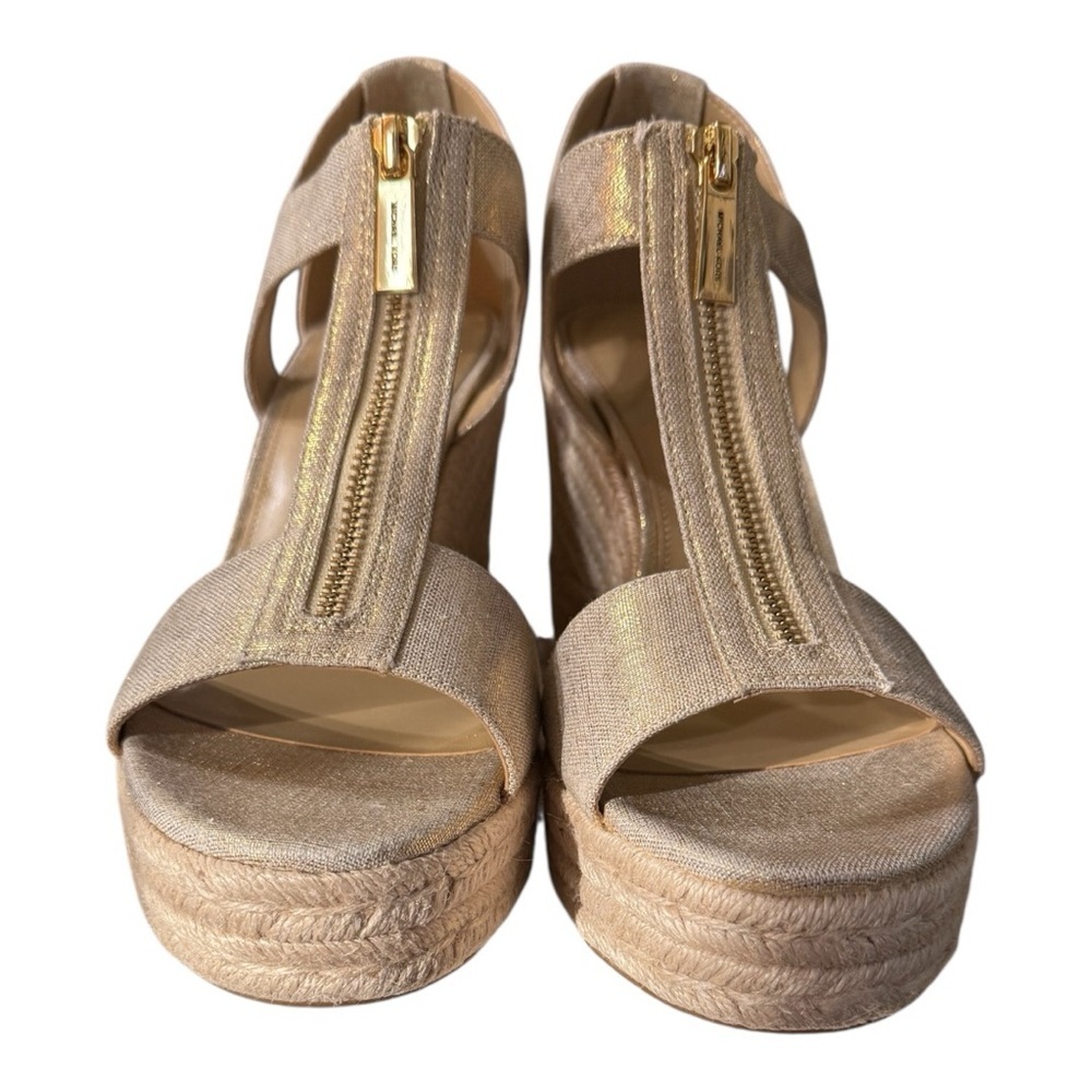 Michael Kors Berkeley Mid Wedge Sandals Size 10 Gold Linen - Picture 6 of 6